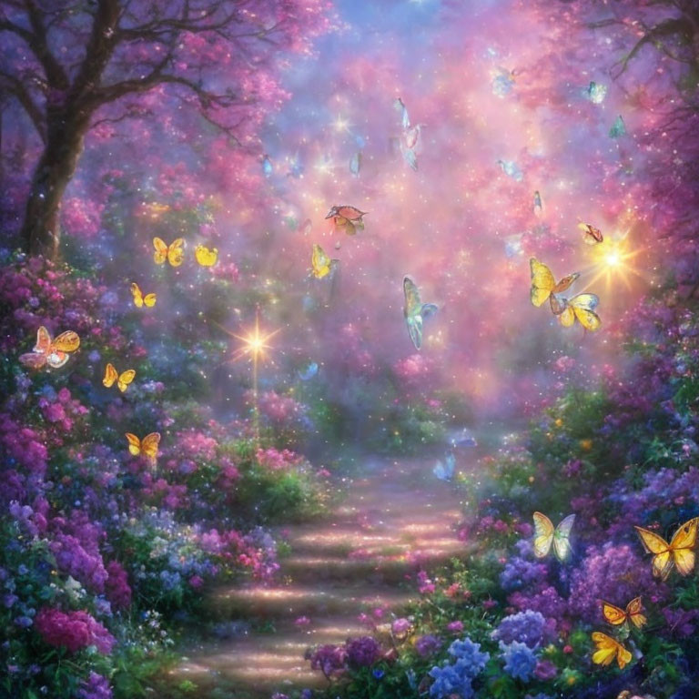 Enchanting pathway with colorful blossoms and butterflies