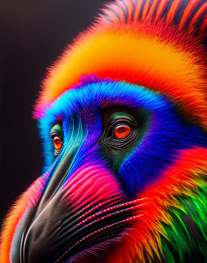 Colorful Mandrill Portrait with Rainbow Spectrum on Dark Background