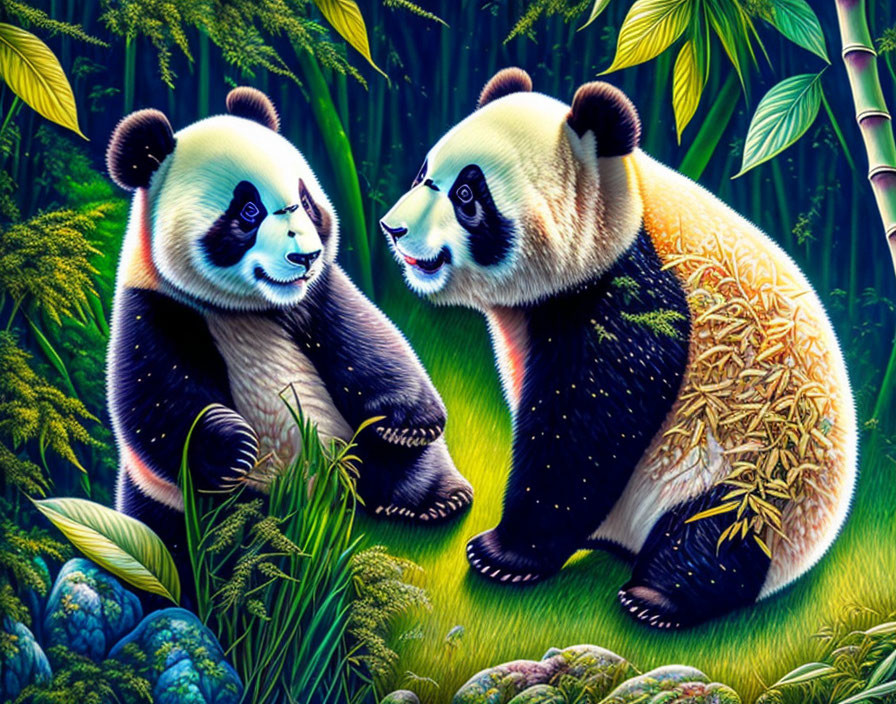 Two pandas in lush bamboo forest - one standing, one sitting among vibrant greenery