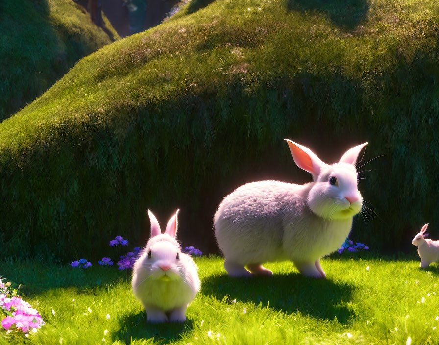 White rabbits in green meadow with purple flowers under warm sunlight