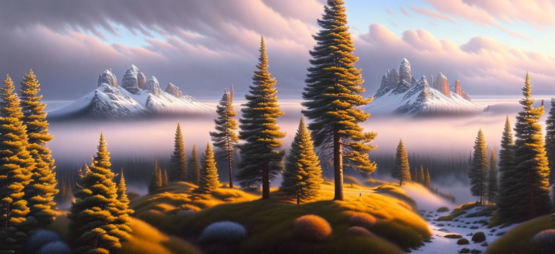 Serene Landscape: Evergreens, Hills, Valley, Mountains at Sunrise