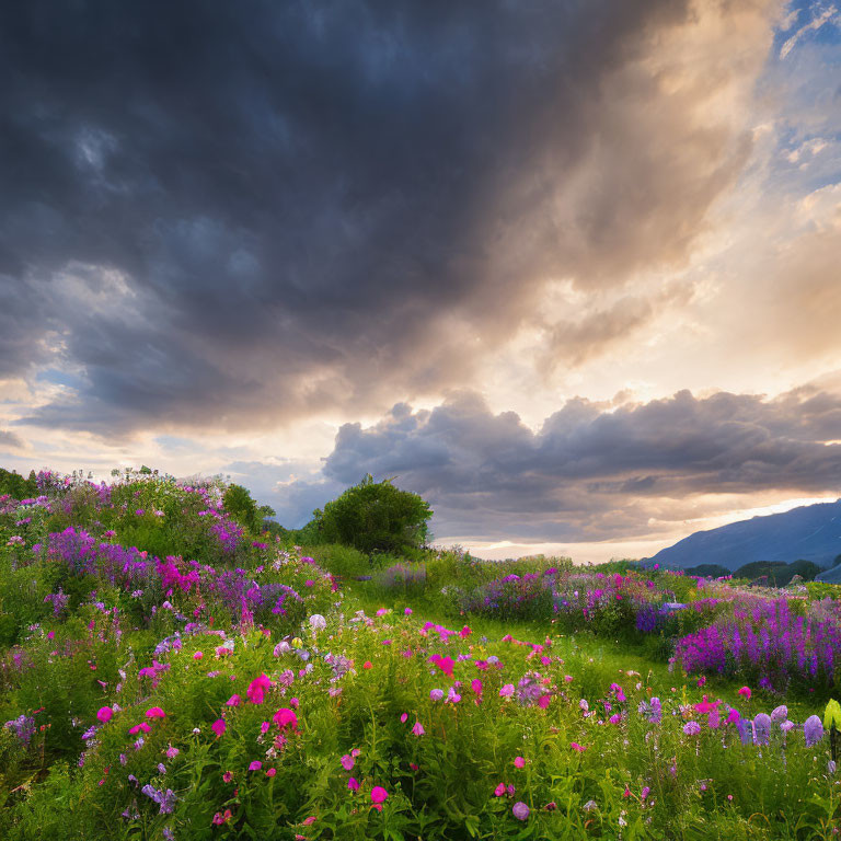 Colorful Wildflower Meadow Under Dramatic Sky with Sun Rays