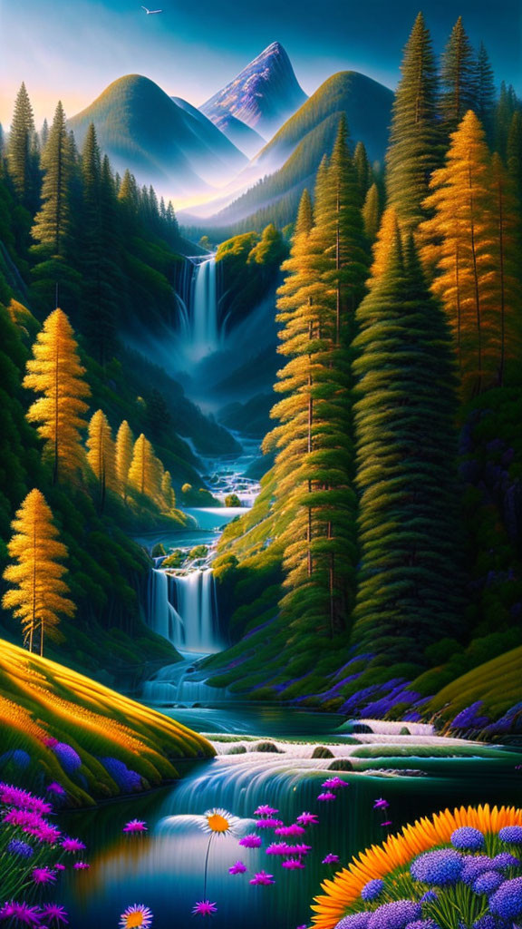 Digital Art: Cascading Waterfall in Pine Forest with Flowers and Snowy Mountain