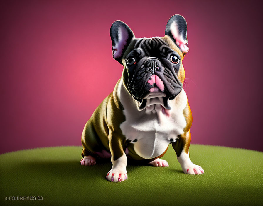 Stylized digital artwork: French Bulldog with exaggerated features on green surface, pink background