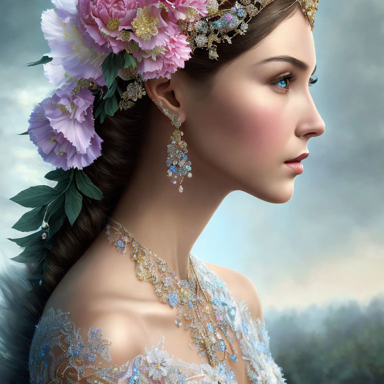 Floral headpiece and lace gown on elegant woman in misty backdrop