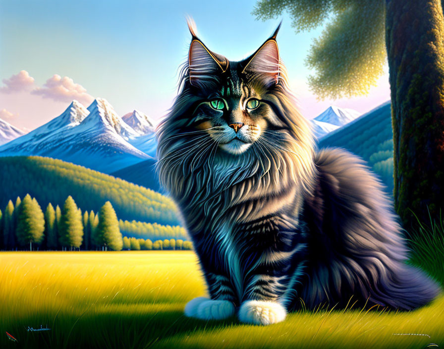 Long-Haired Cat in Vibrant Meadow with Snowy Mountains