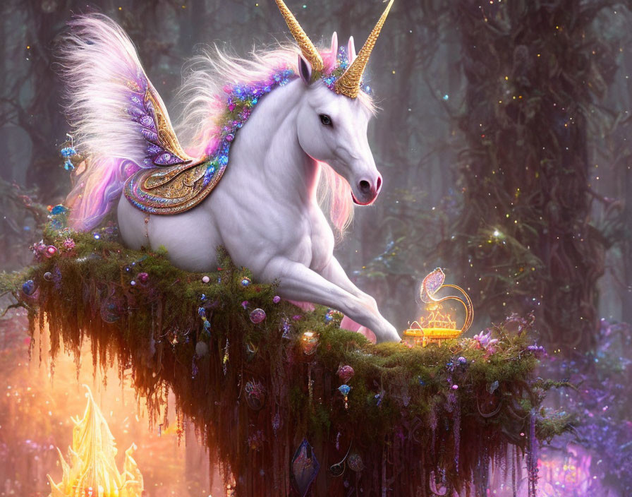 White Unicorn with Golden Horn on Floating Island in Ethereal Forest