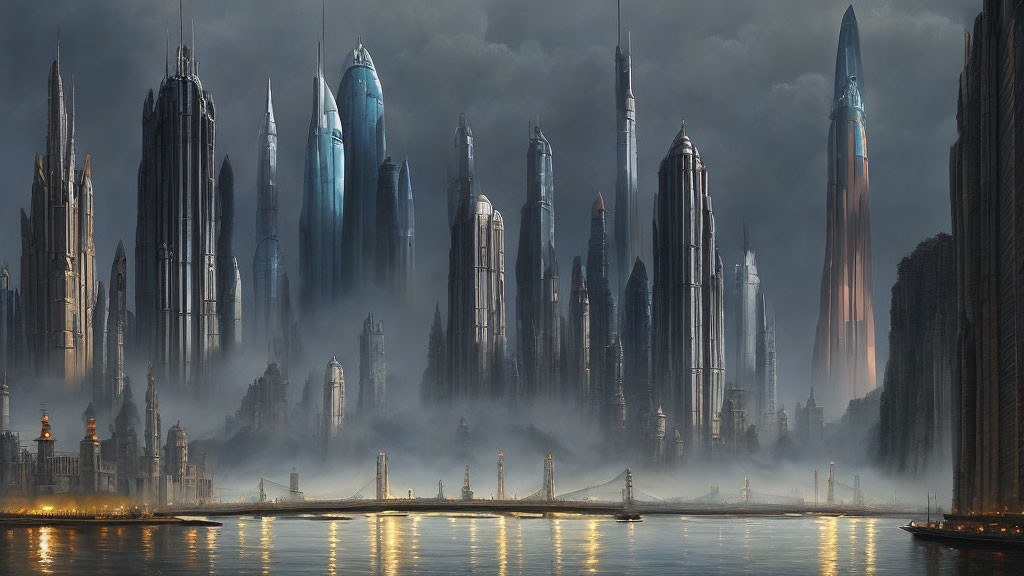 Futuristic cityscape with towering skyscrapers and mist-covered buildings.