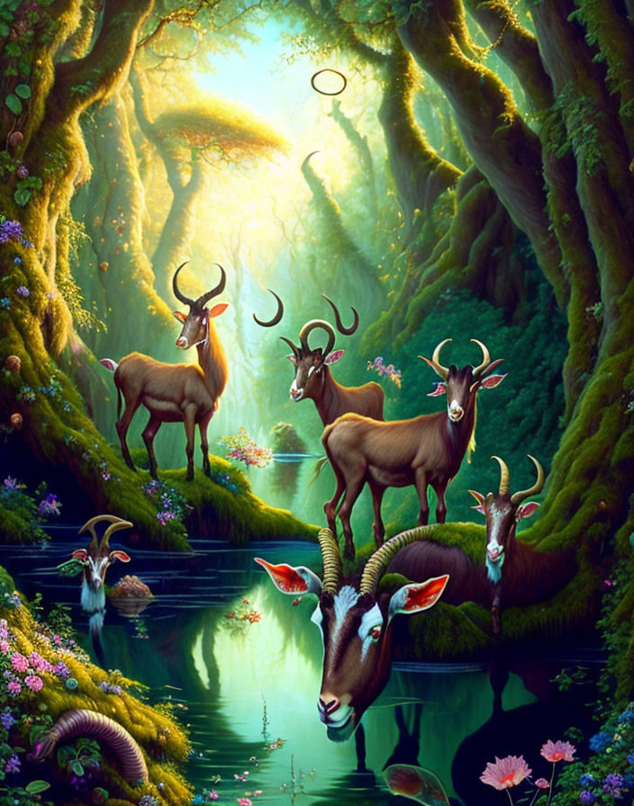 Majestic deer-like creatures in serene fantasy forest