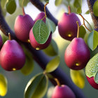 Fresh Ripe Red Pears on Tree Branch with Green Leaves