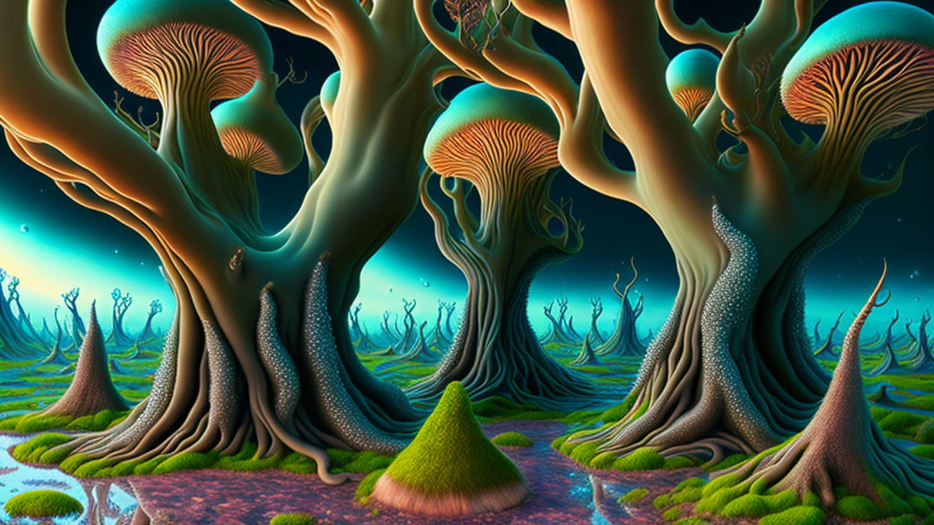 Surreal neon-lit mushroom trees in twilight landscape