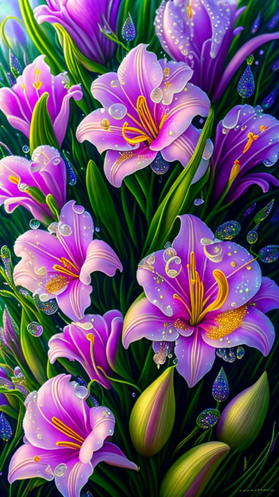 Colorful digital artwork of purple lilies with yellow stamens on green background