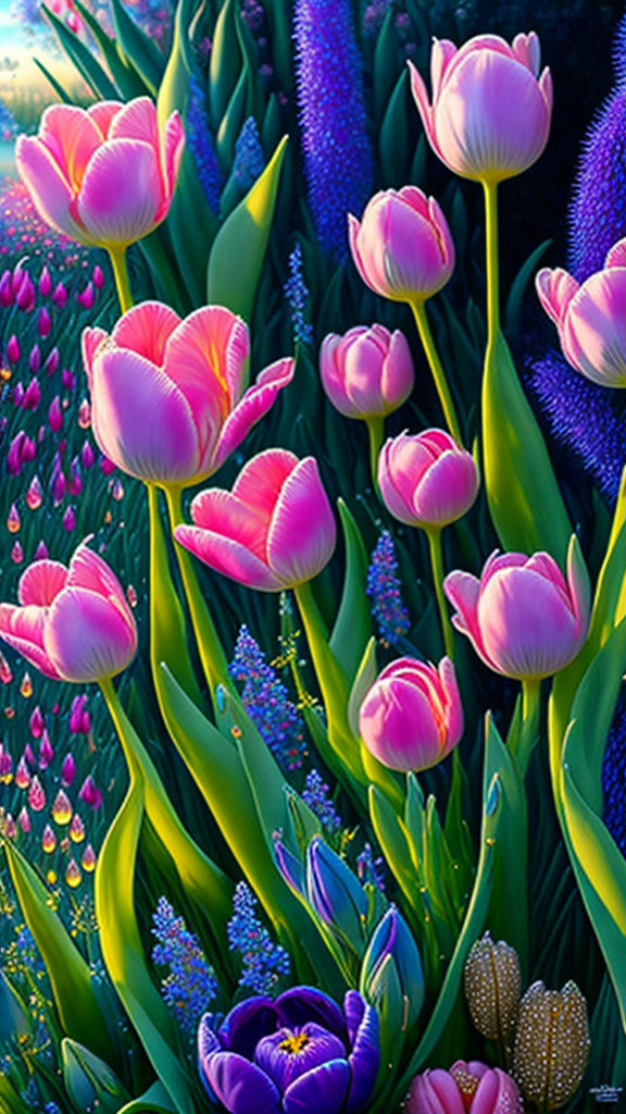 Colorful painting of pink and purple tulips with blue flowers and dewdrop effect