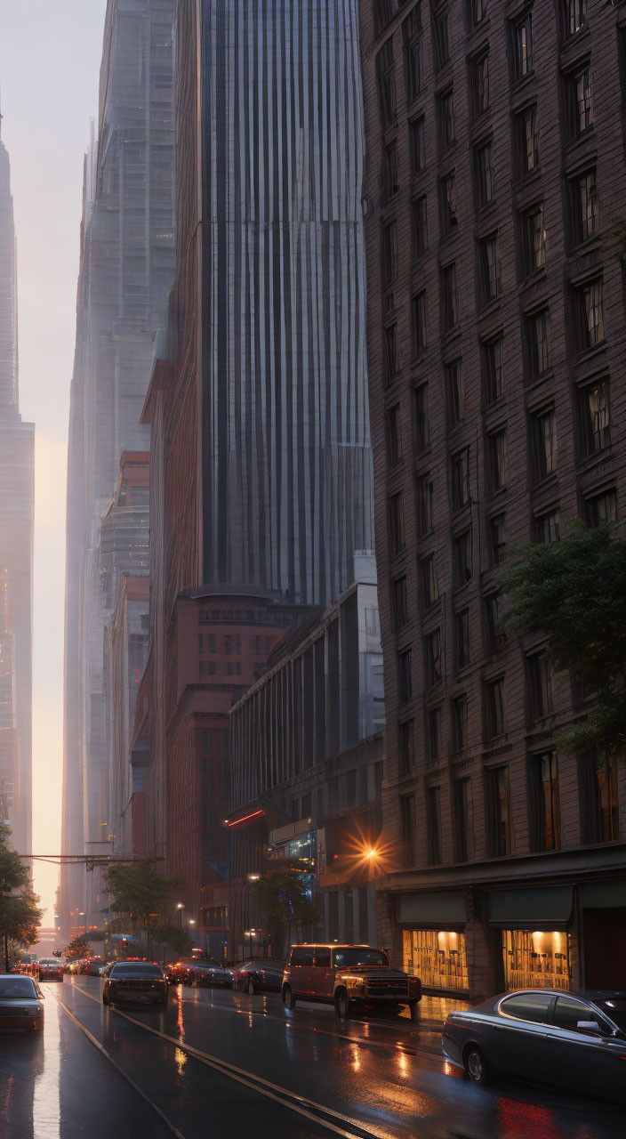 Cityscape at Dusk: Skyscrapers, Wet Streets, and Car Lights