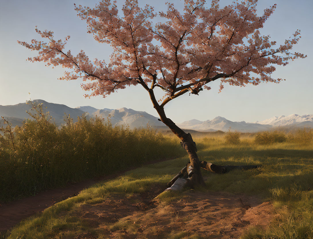 Cherry blossom tree in full bloom over grassy trail with distant mountains at golden hour