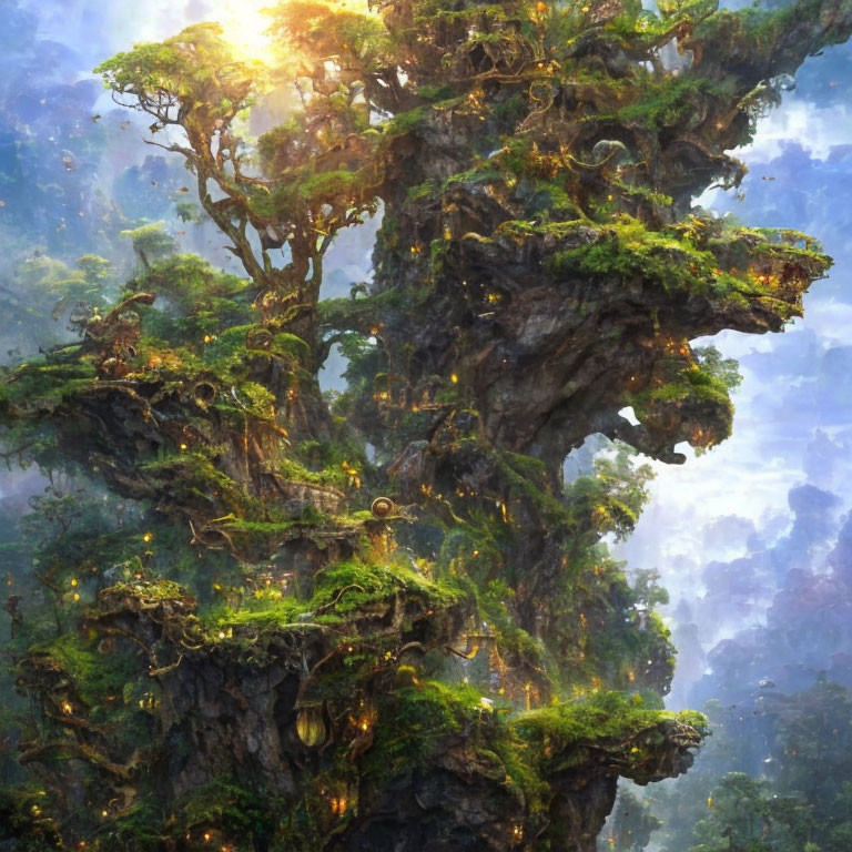 Fantastical tree with lush greenery and intertwining branches in warm sunlight