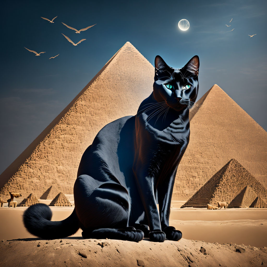 Black cat by pyramids under crescent moon and birds.