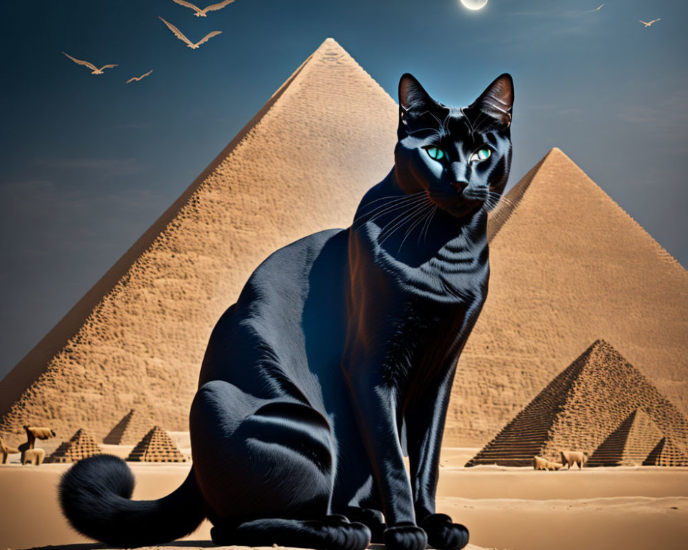 Black cat by pyramids under crescent moon and birds.