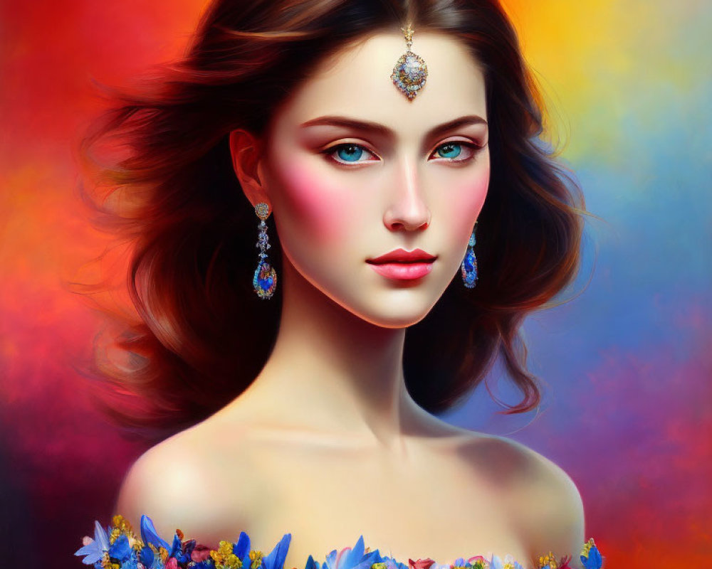 Portrait of Woman with Striking Blue Eyes and Elegant Adornments on Colorful Background