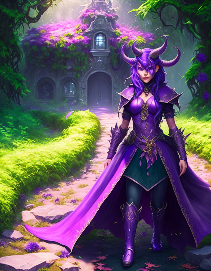 Fantasy artwork of female character in dark armor with purple hair and horns in magical forest.