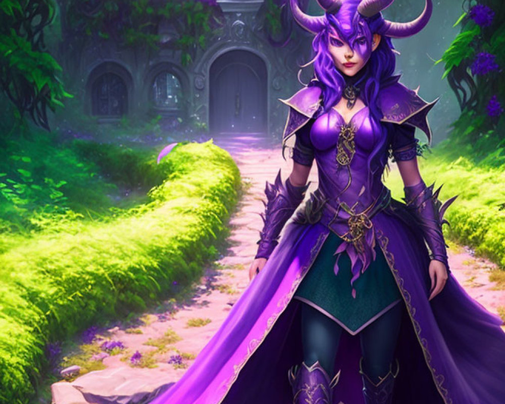 Fantasy artwork of female character in dark armor with purple hair and horns in magical forest.