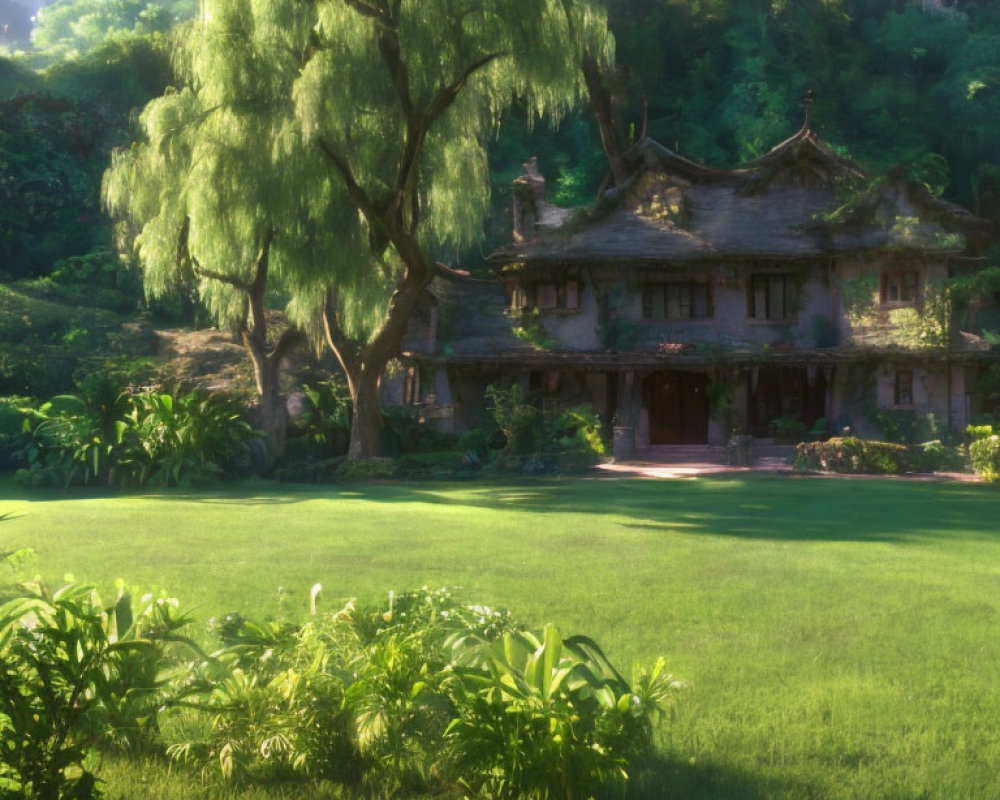 Sunlit old cottage surrounded by lush foliage and grand willow tree