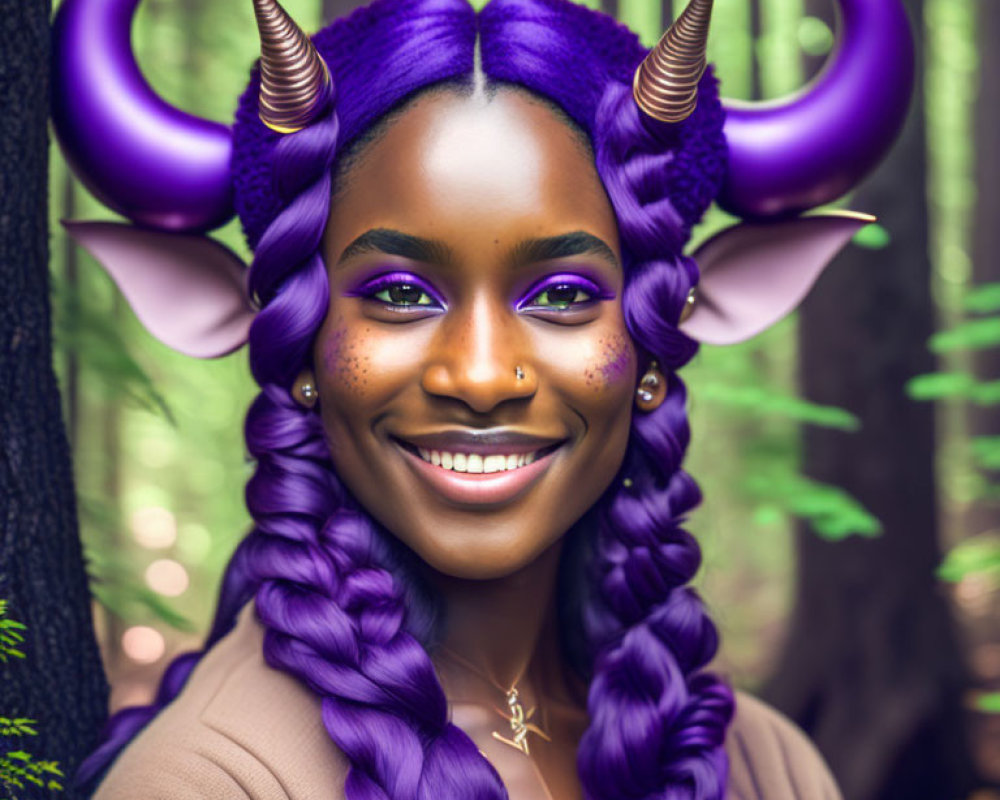 Purple-skinned woman with horns in forest setting portrait.