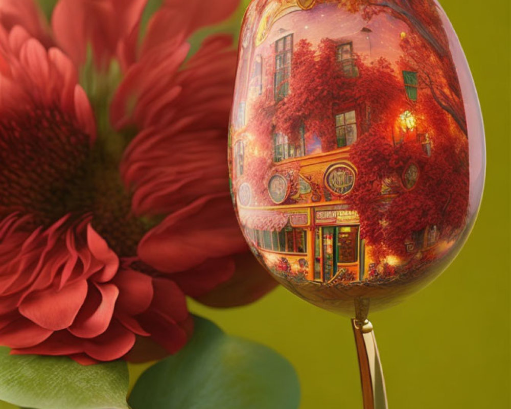 Reflective autumn street scene balloon with red gerbera flower on yellow background