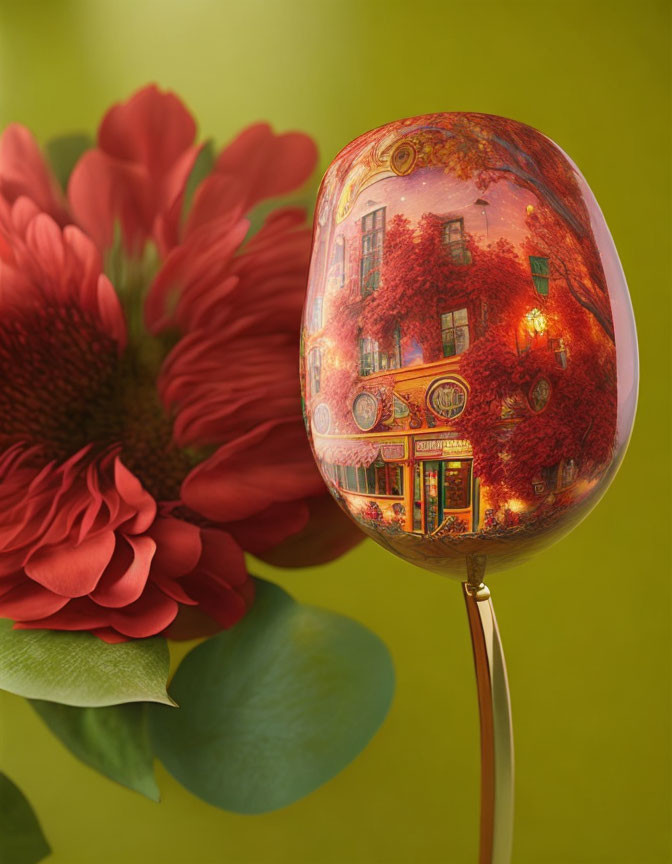 Reflective autumn street scene balloon with red gerbera flower on yellow background