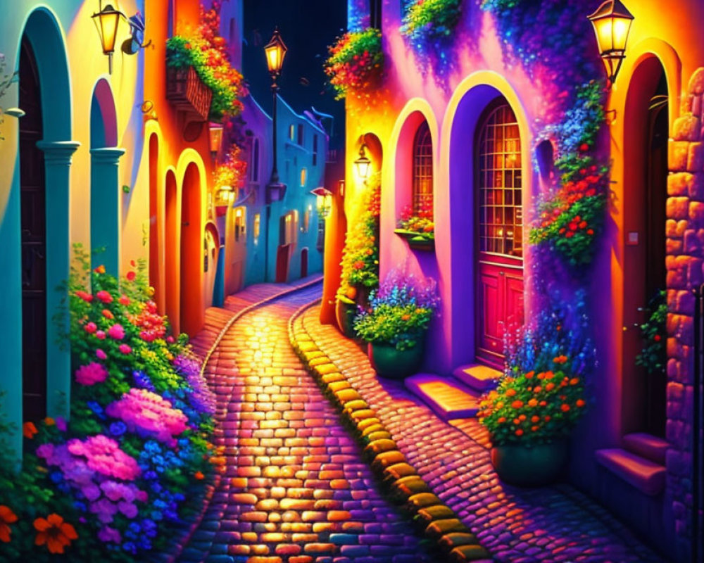 Colorful Cobblestone Alley with Bright Flowers and Lanterns at Twilight