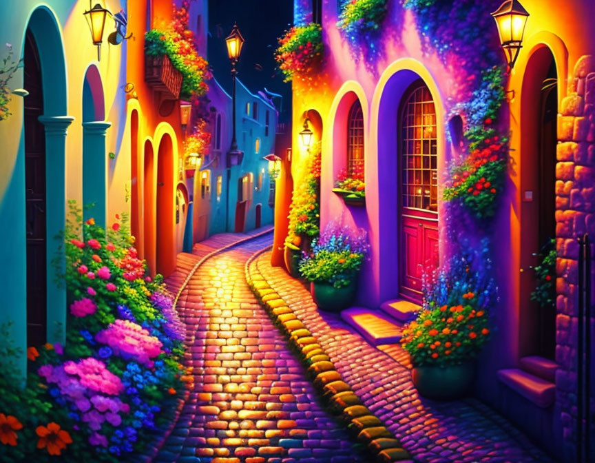 Colorful Cobblestone Alley with Bright Flowers and Lanterns at Twilight