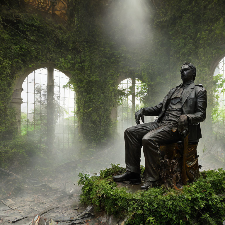 Bronze statue of seated man engulfed by forest in abandoned building