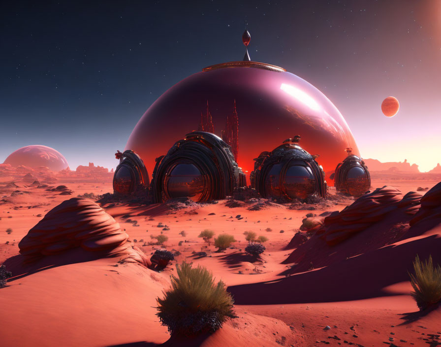 Futuristic dome structure on alien planet with red sand and moons