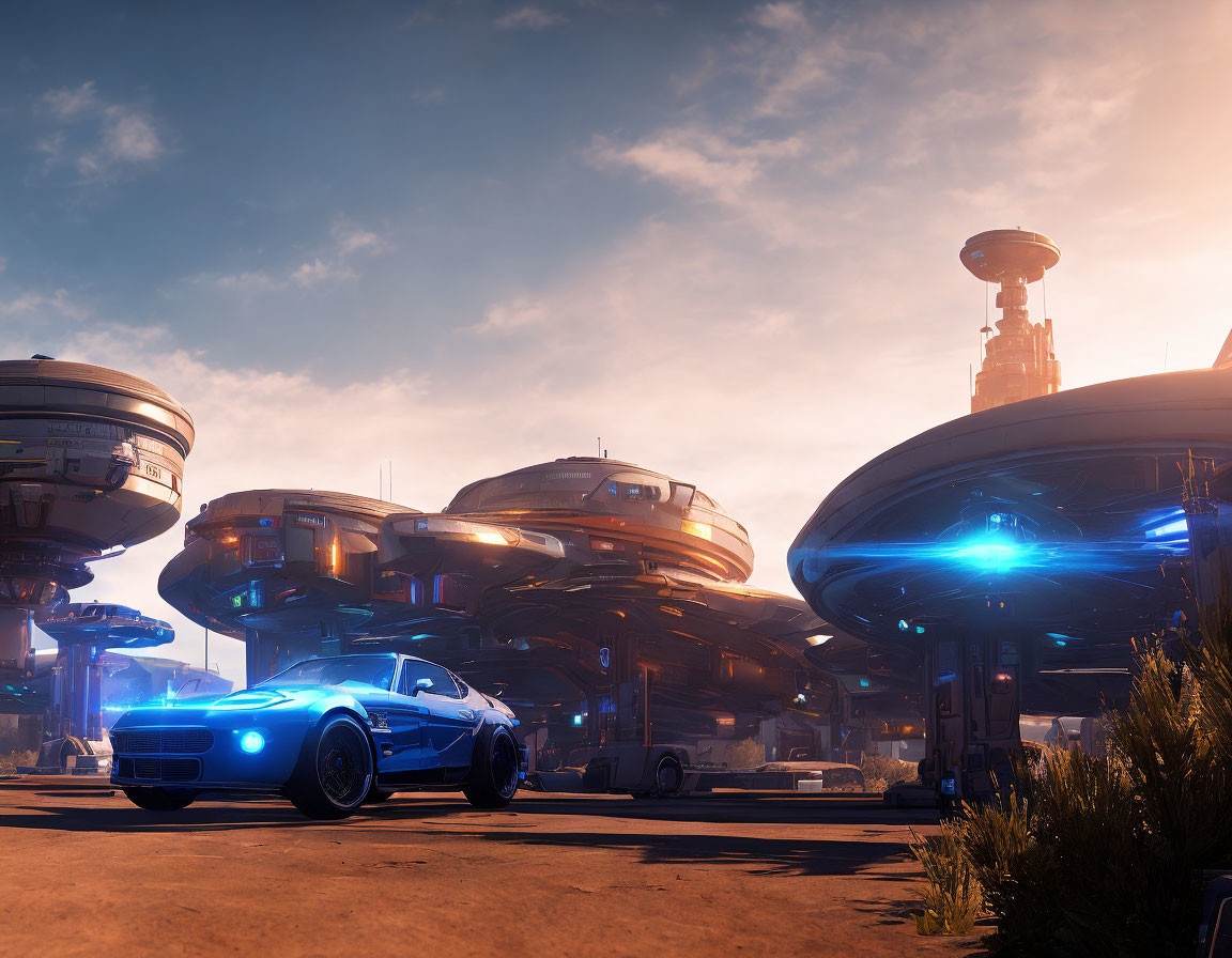 Futuristic blue sports car in front of advanced hovering buildings at sunrise/sunset