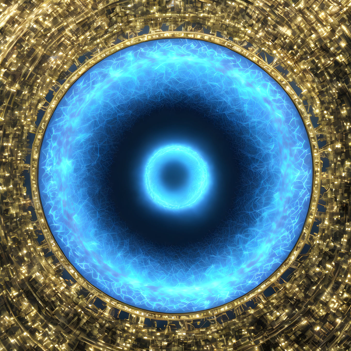 Glowing blue circular energy core with golden geometric patterns