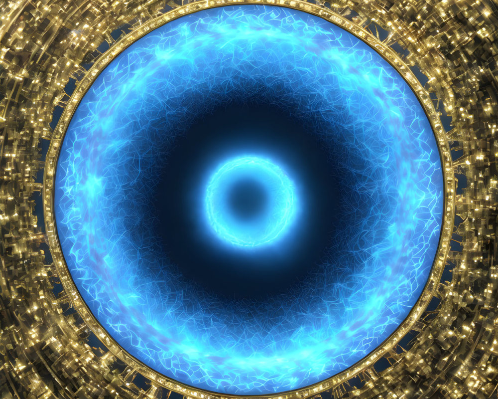 Glowing blue circular energy core with golden geometric patterns