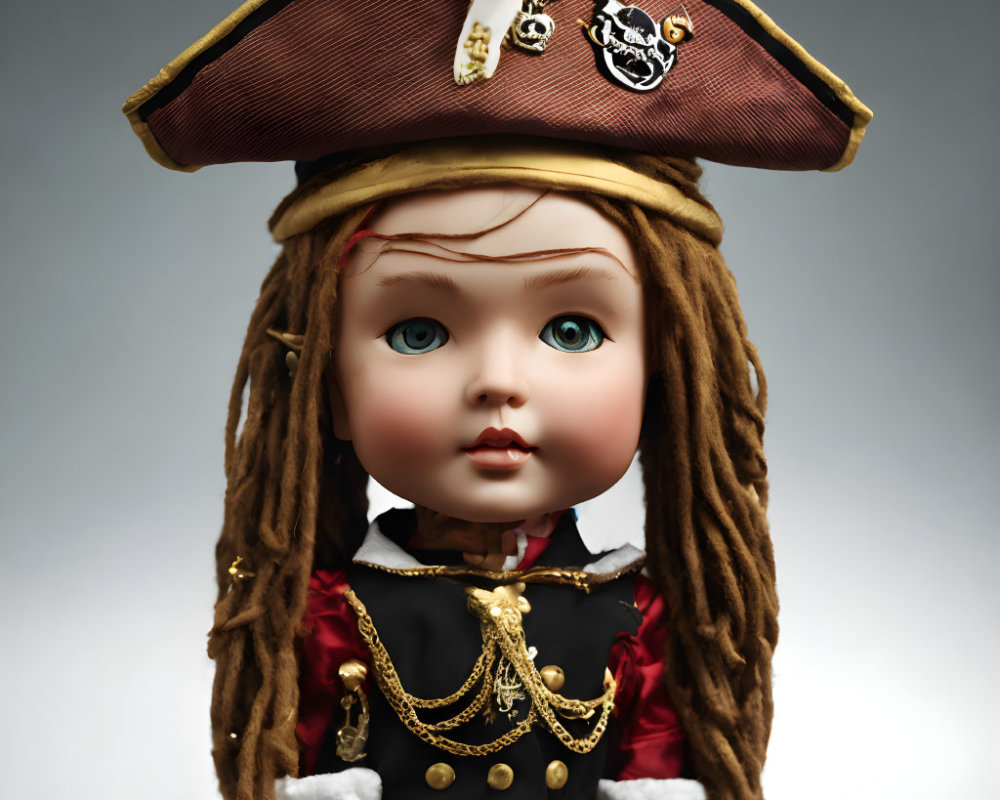 Porcelain doll in pirate costume with tricorn hat & green eyes