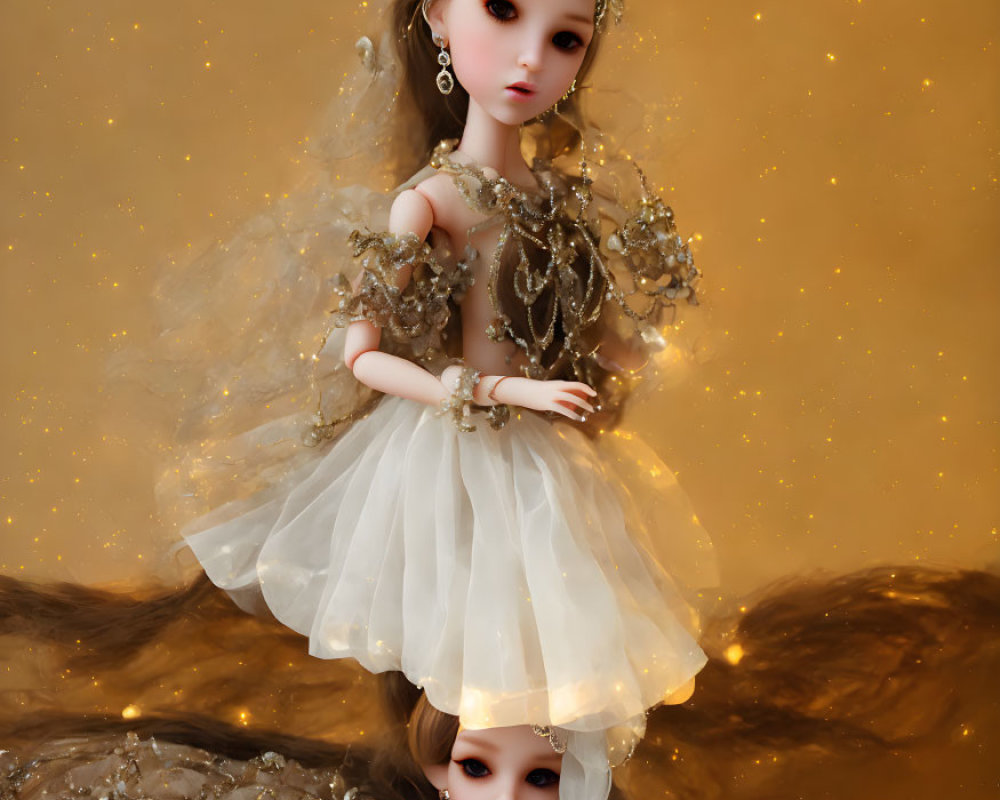 Intricate porcelain doll with golden crown and dress on sparkling backdrop