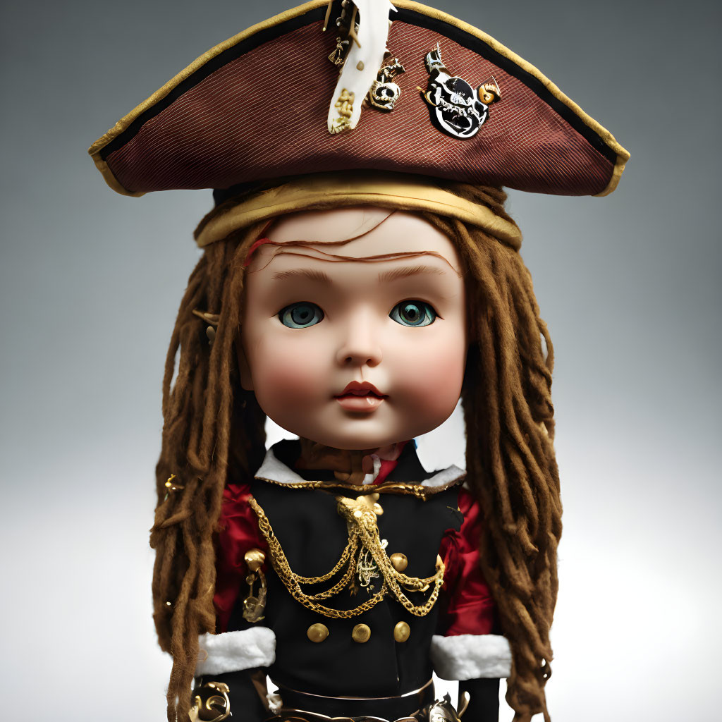 Porcelain doll in pirate costume with tricorn hat & green eyes