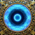 Glowing blue circular energy core with golden geometric patterns