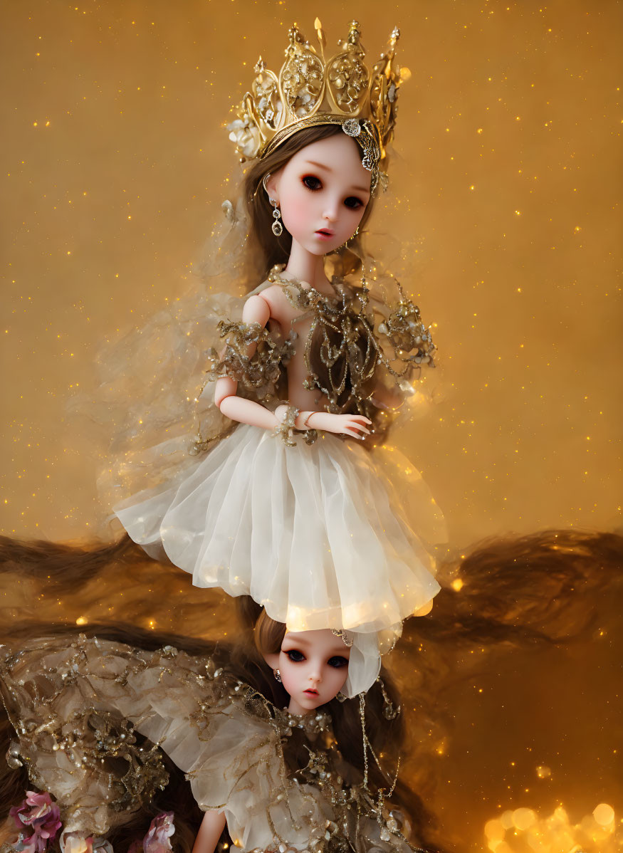 Intricate porcelain doll with golden crown and dress on sparkling backdrop