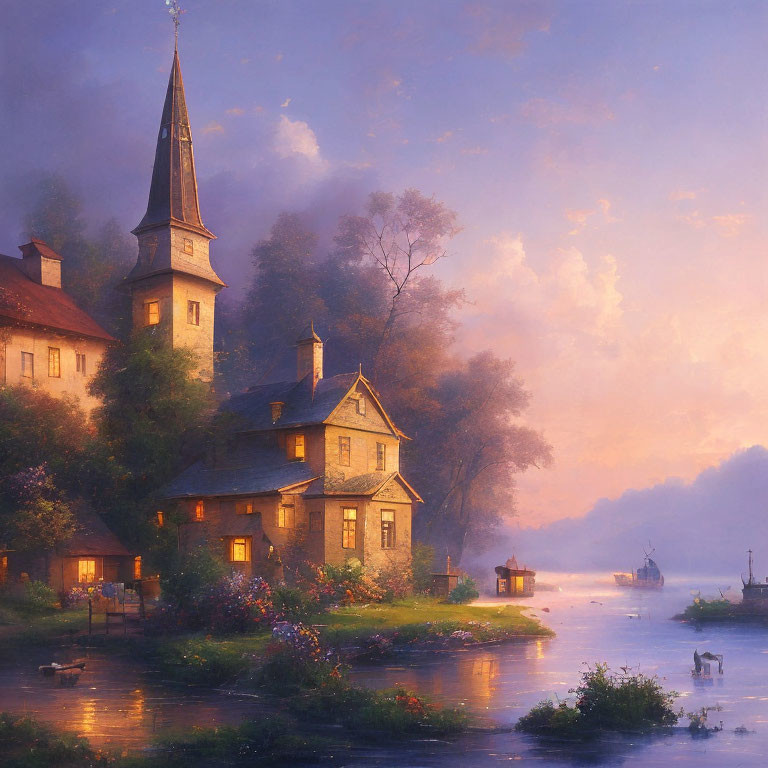 Riverside village at sunset with spire, lit houses, greenery, boat