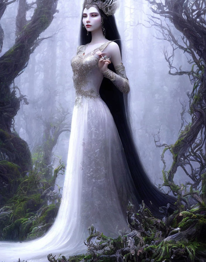 Woman in white dress with black hair in misty forest