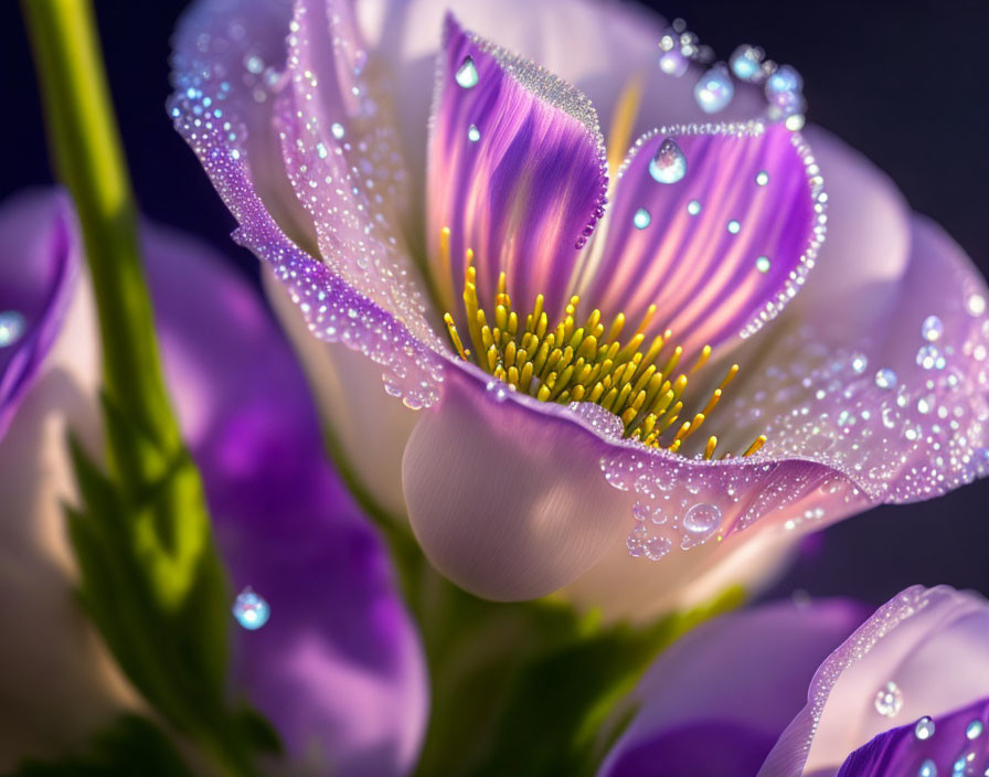 Purple and White Flower with Dewdrops on Petals on Dark Background