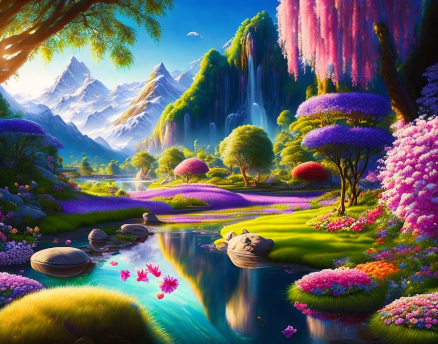 Colorful Fantasy Landscape with Waterfalls, River, and Mountains