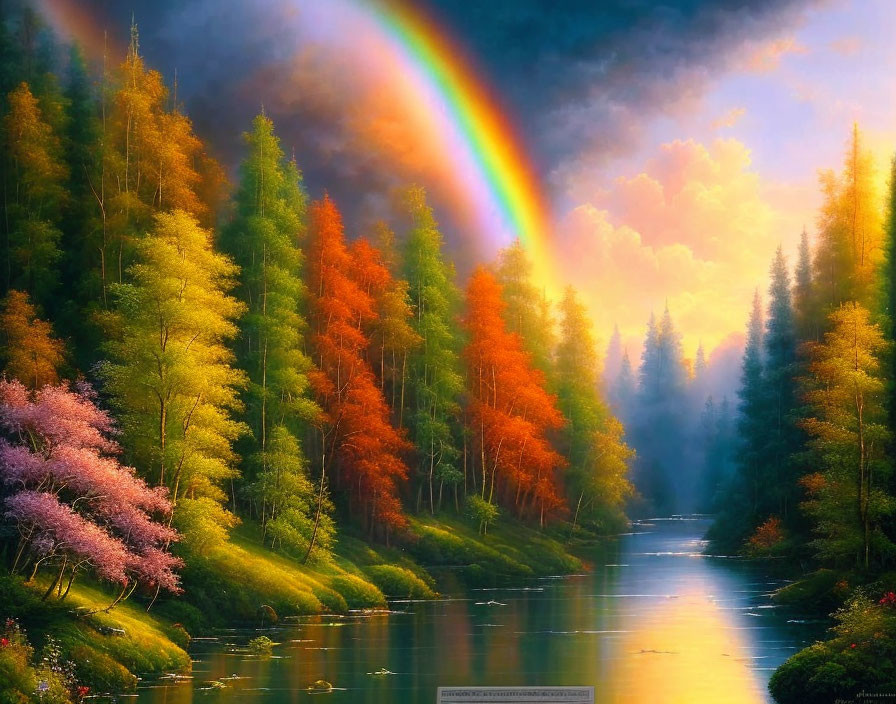 Serene river landscape with autumn trees and rainbow