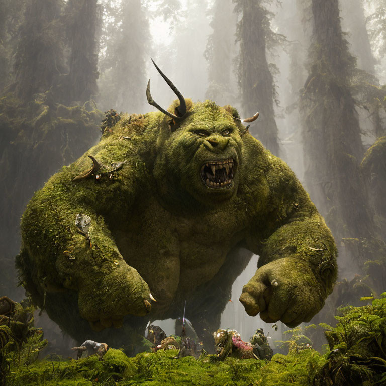 Green Troll with Horns in Misty Forest Surrounded by Tiny Warriors