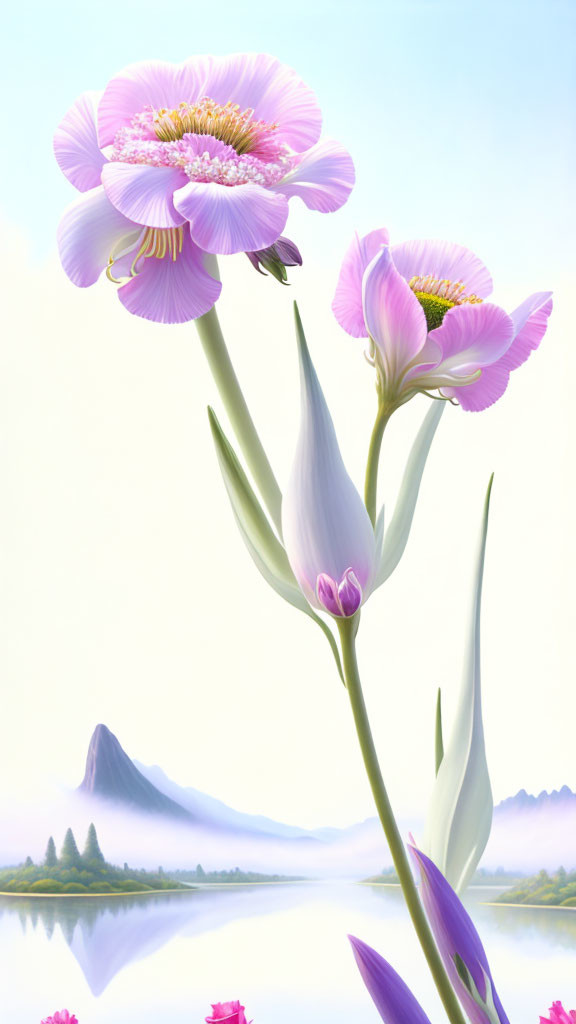 Digital artwork: Delicate pink flowers with serene lake & misty mountains.