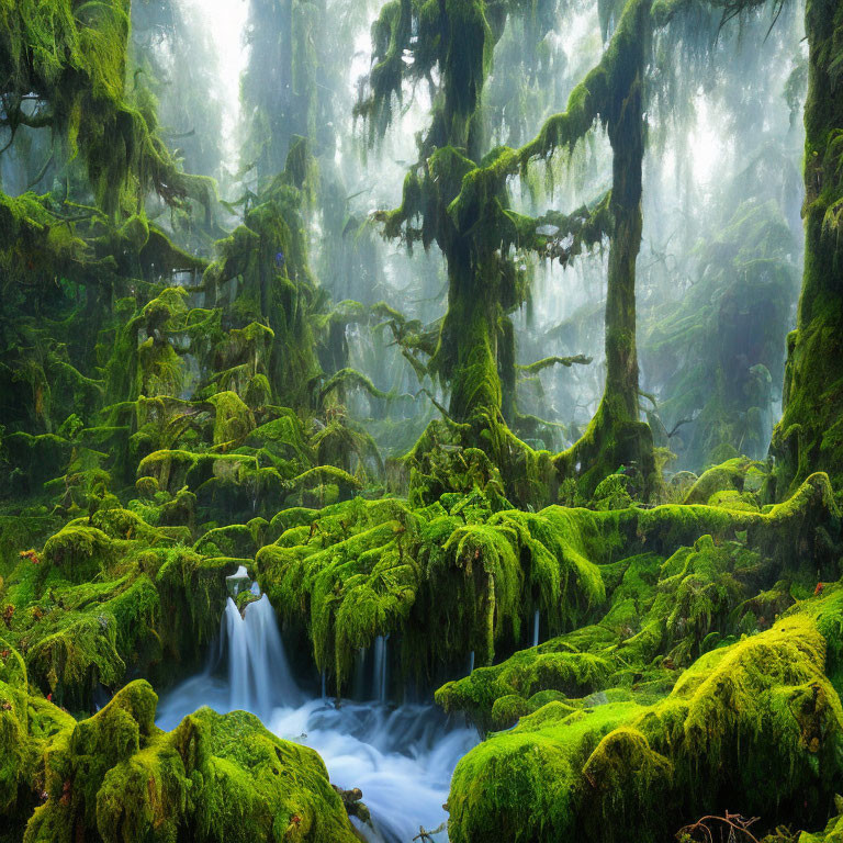 Lush Forest with Moss-Covered Trees and Serene Stream in Ethereal Fog