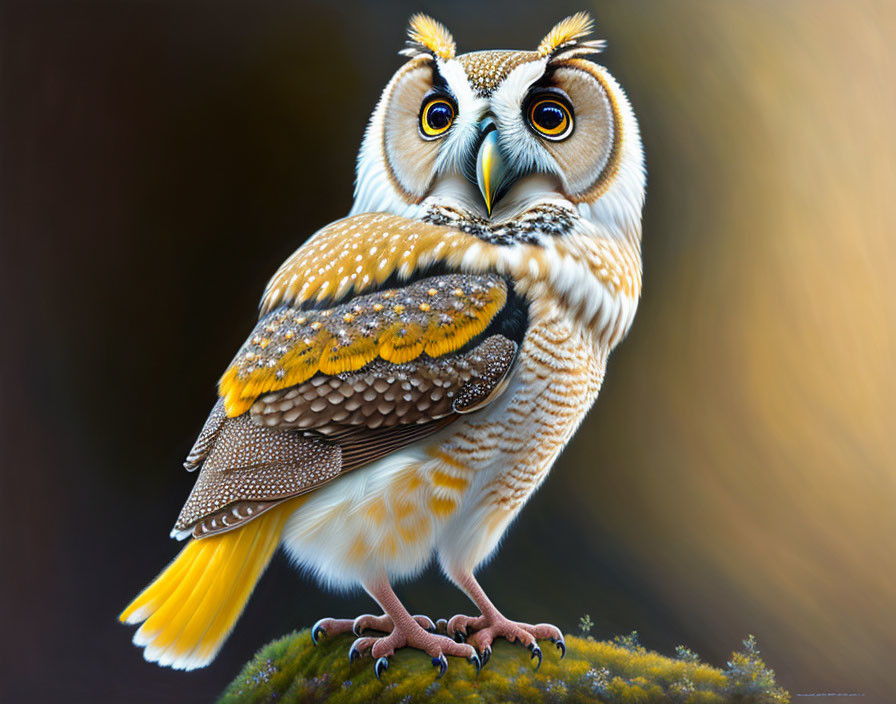 Detailed Owl Illustration with Captivating Eyes on Mossy Surface